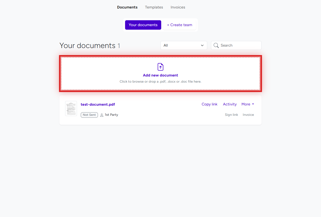 BreezeDoc Documents page showing how to upload a PDF