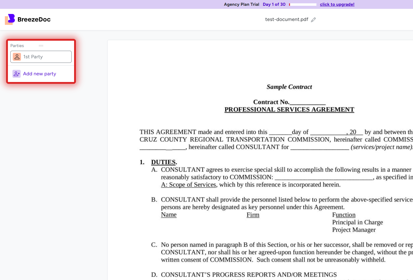 BreezeDoc Parties panel highlighted showing recipient list and Add new party button