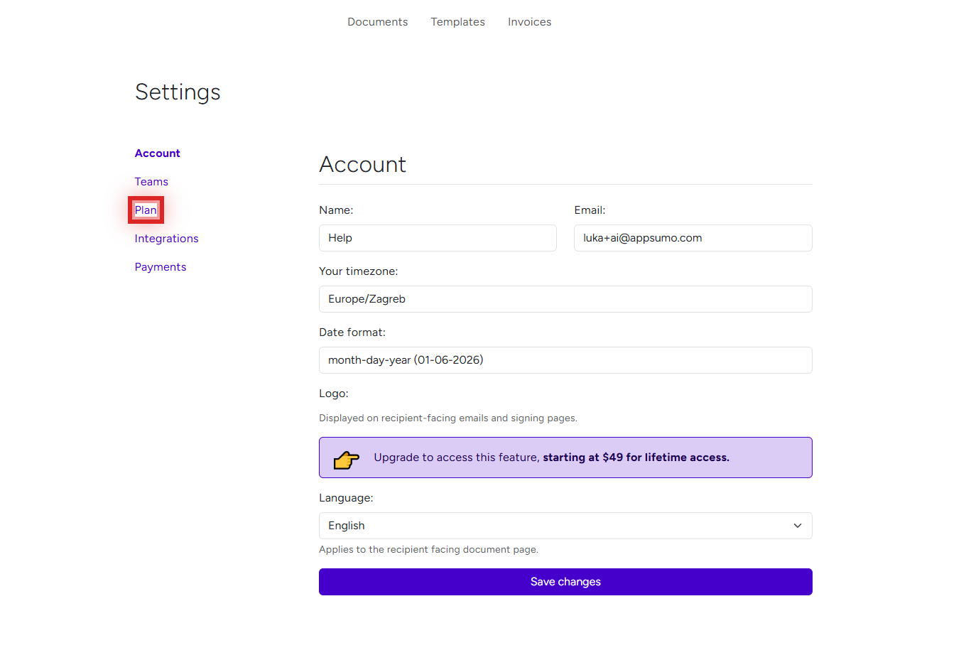 BreezeDoc Settings page with Plan menu highlighted in sidebar