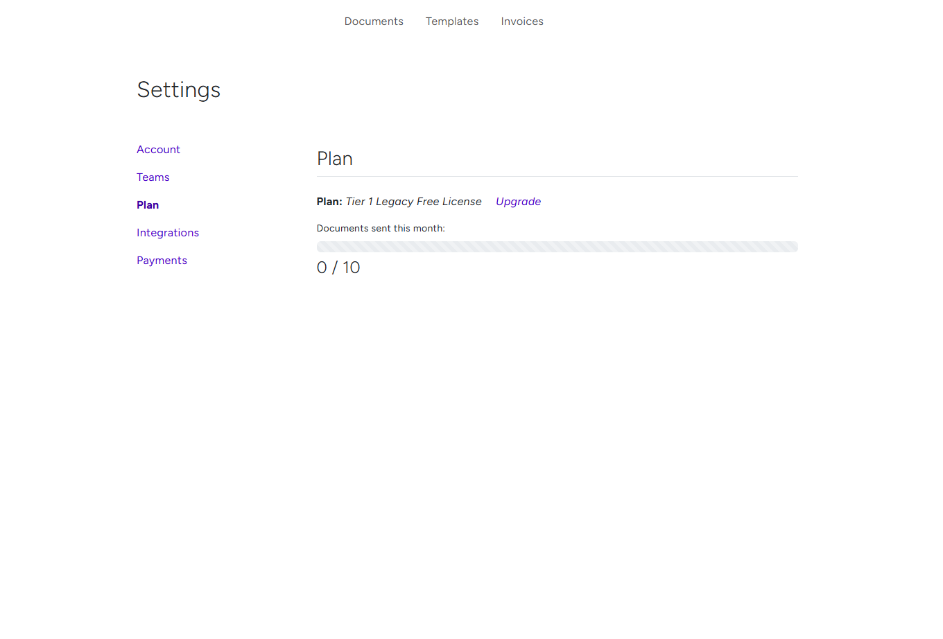 BreezeDoc Plan page showing Free plan with document usage 0/10