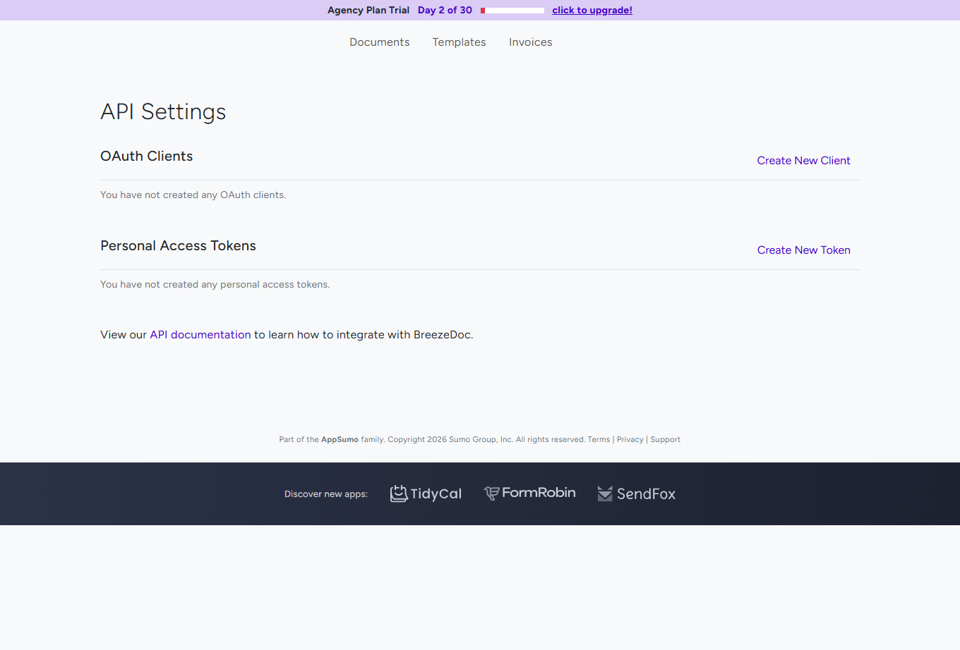 BreezeDoc API Settings page showing Personal Access Tokens and OAuth Clients sections