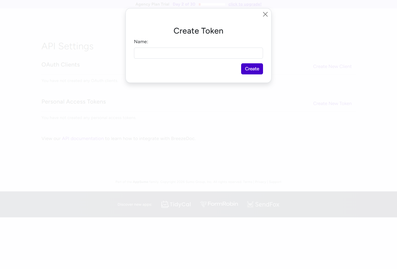 Create Token modal dialog with Name input field and Create button