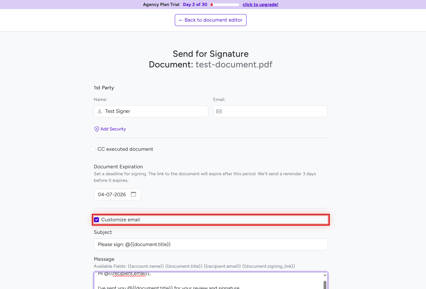 BreezeDoc email customization showing the Customize email checkbox, Subject field, and Message field with template variables