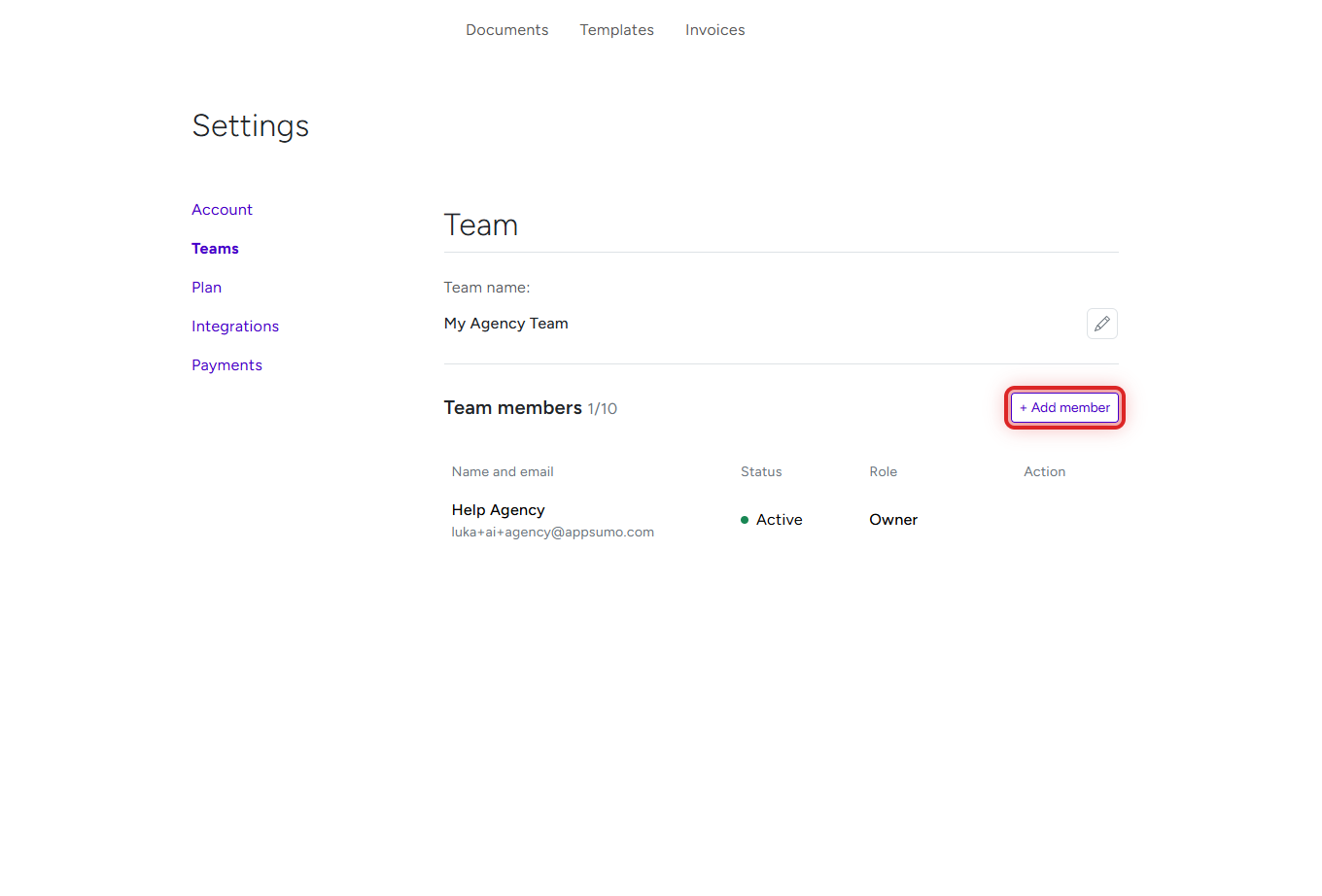 BreezeDoc team settings page showing team members list and Add member button highlighted