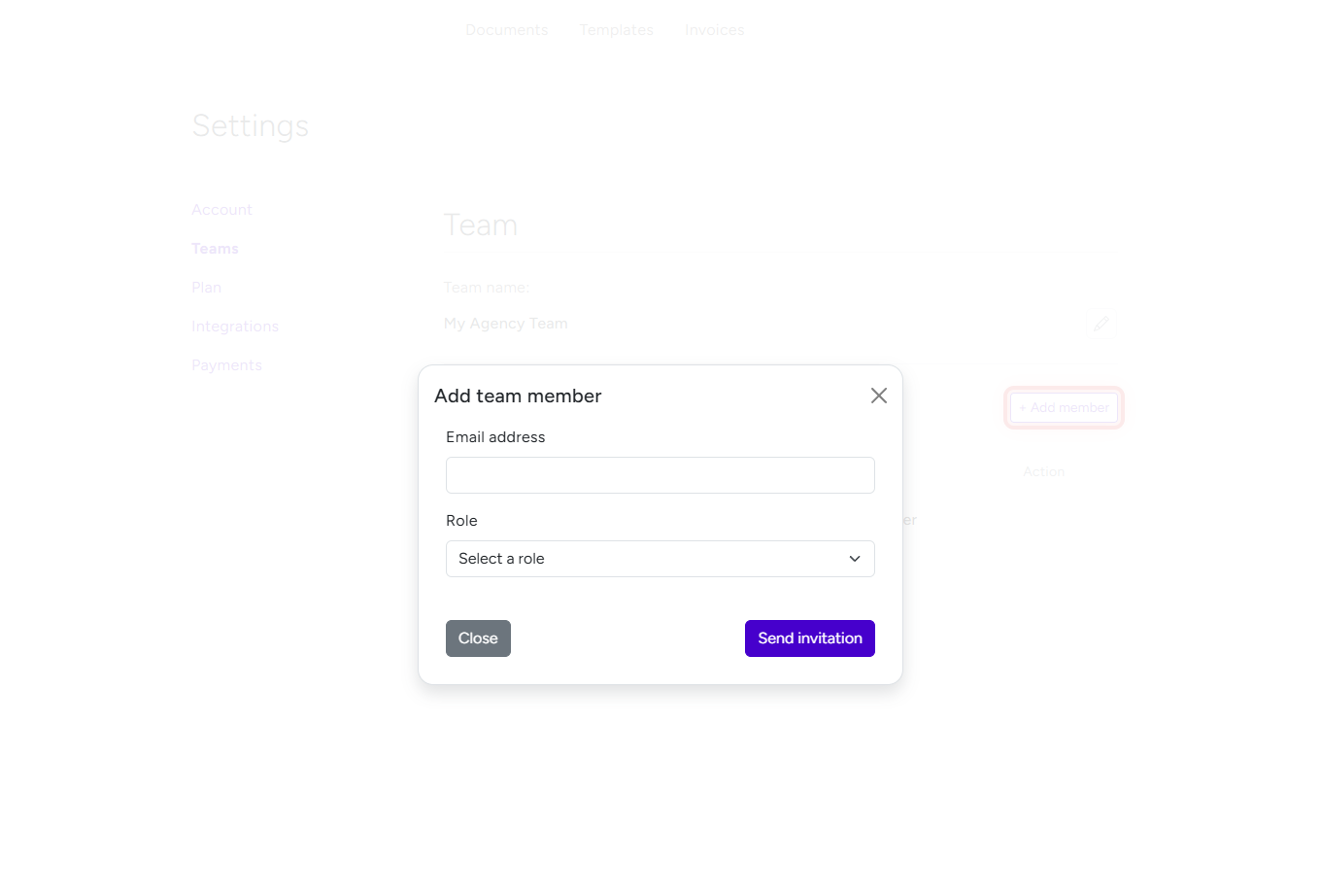 BreezeDoc Add team member modal with email address and role selection