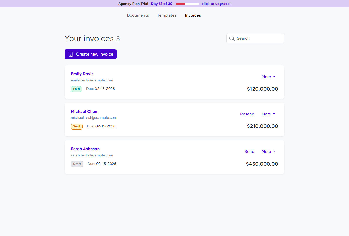 BreezeDoc Invoices list page with Create new Invoice button