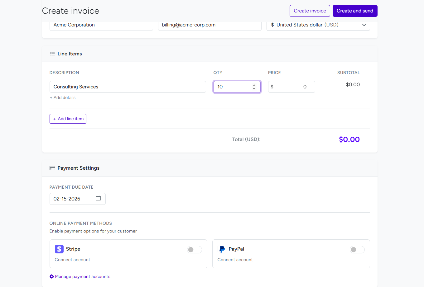 BreezeDoc Create invoice form showing all fields - customer info, line items, payment options