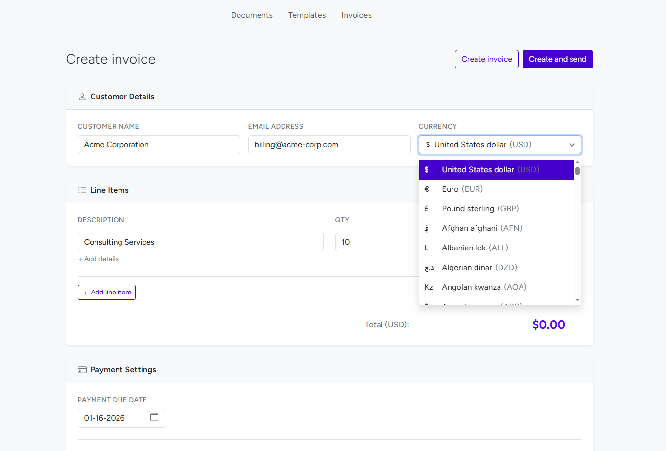 Invoice currency dropdown showing multiple currency options