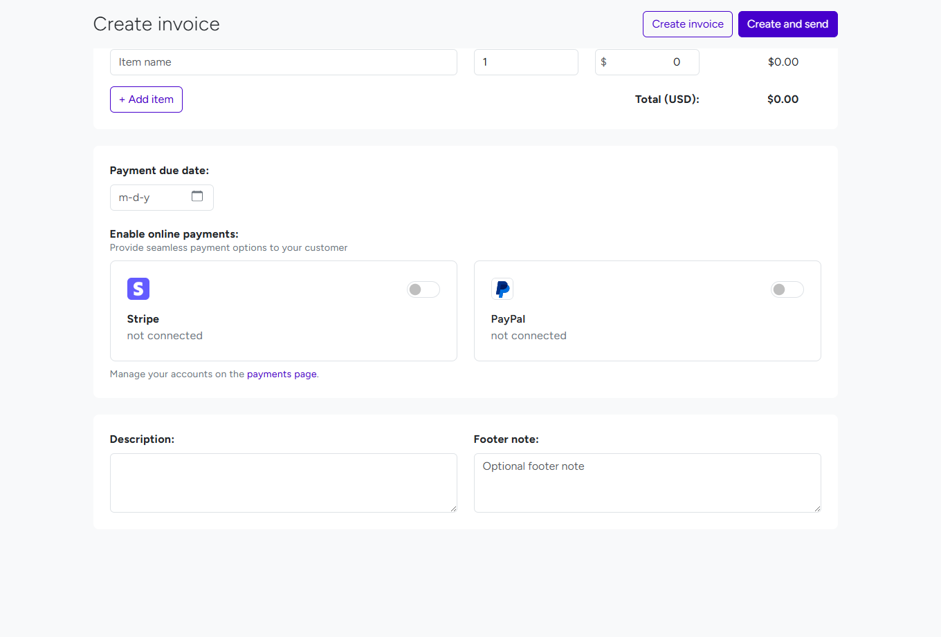 Invoice payment options section with Stripe, PayPal integration and description fields