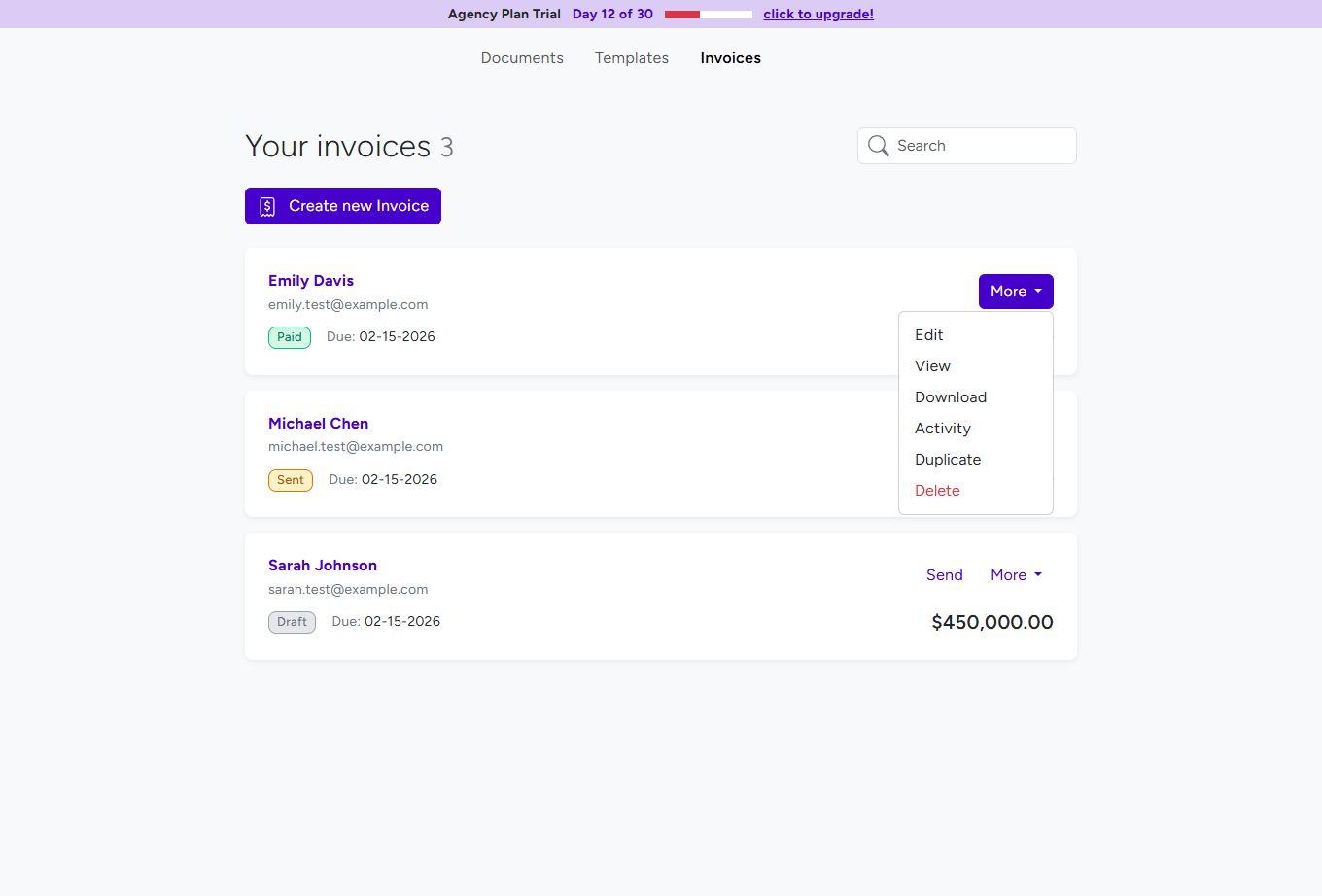 Invoice More dropdown menu showing available actions
