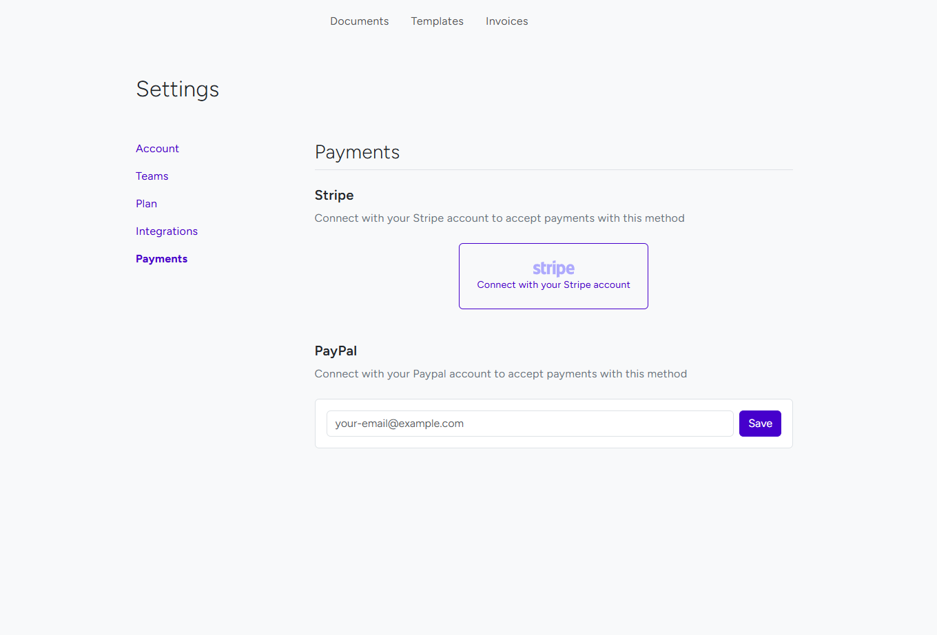 BreezeDoc Payment Settings showing PayPal email configuration and Stripe Connect option