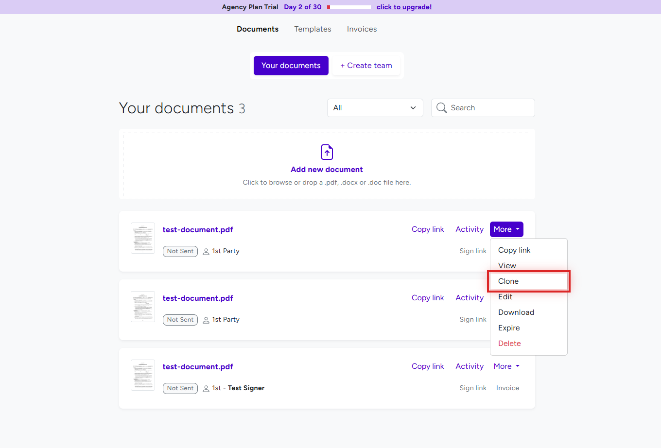 BreezeDoc documents list showing More dropdown with Clone option highlighted