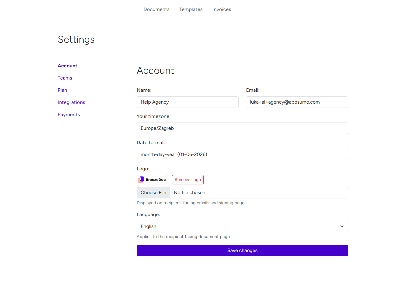 BreezeDoc Settings page showing Account section with Logo upload and branding options