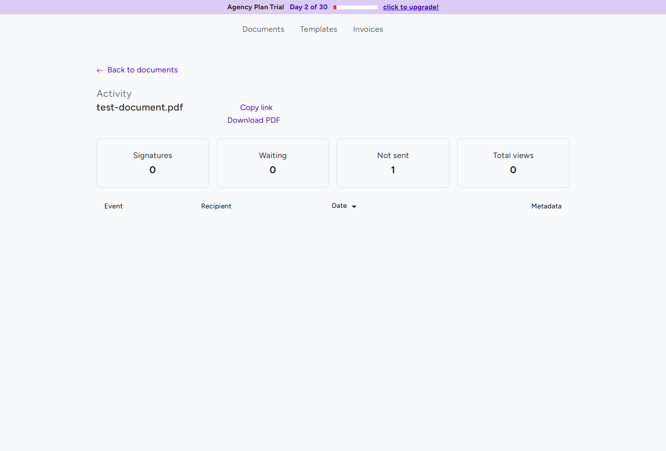 BreezeDoc document activity page showing signature stats and event log