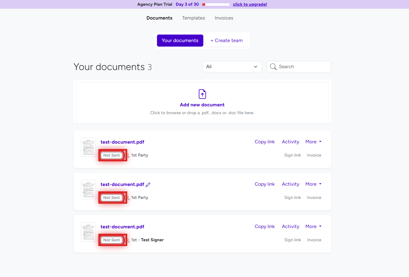 BreezeDoc Documents page showing document list with Not Sent status badges highlighted on each document card