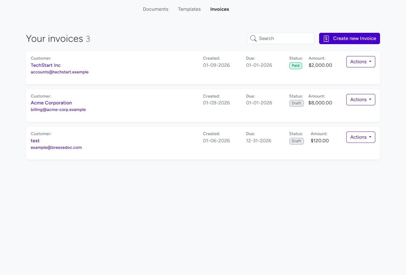 BreezeDoc Invoices page showing multiple invoices with Paid and Draft status