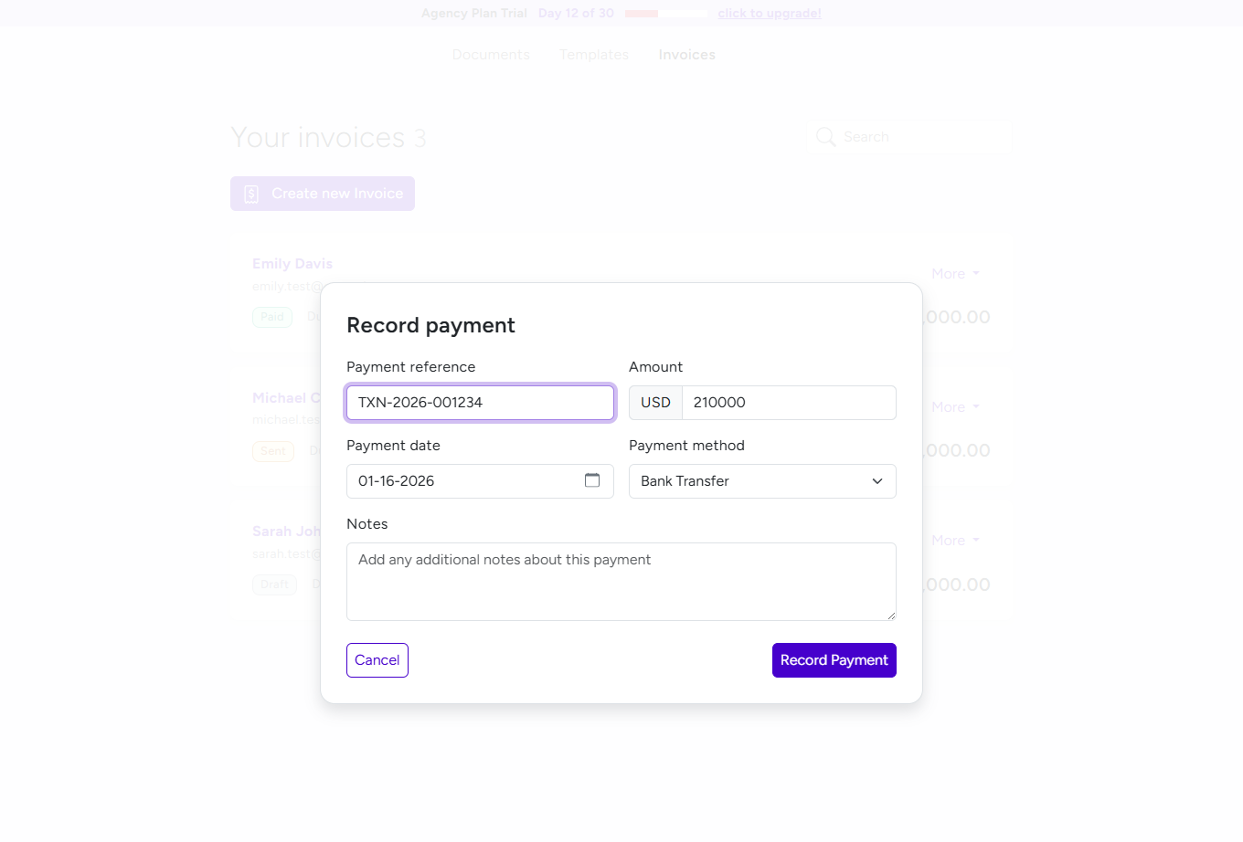 Record Payment modal with payment reference, amount, date, and method fields