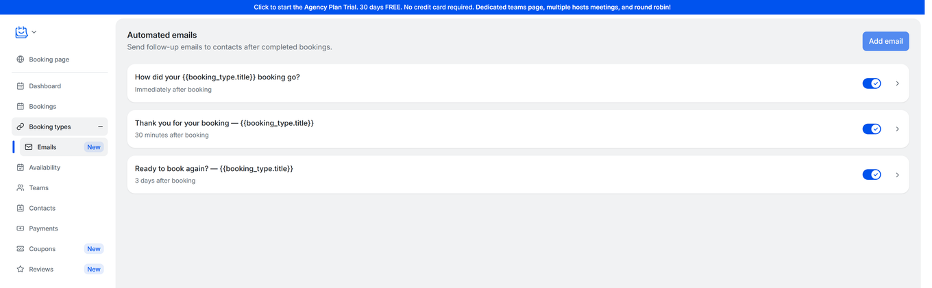 TidyCal Automated Emails page showing three default email templates with timing and enable toggles