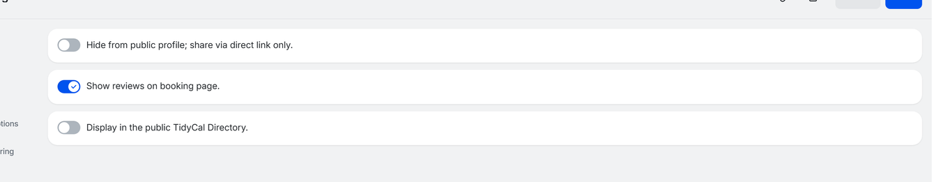 TidyCal booking type editor Visibility tab showing directory toggle and reviews toggle