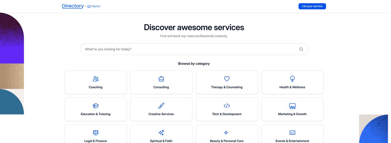 TidyCal public directory page showing search bar and category tiles for browsing professionals
