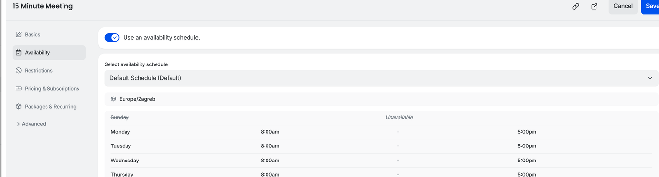 TidyCal booking type editor Availability tab showing weekly schedule with Mon-Fri 8am to 5pm