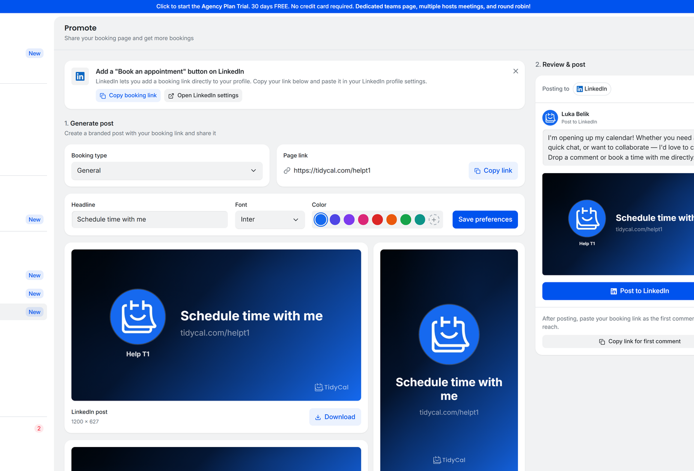 TidyCal Promote page showing asset gallery, customization toolbar, and LinkedIn post section