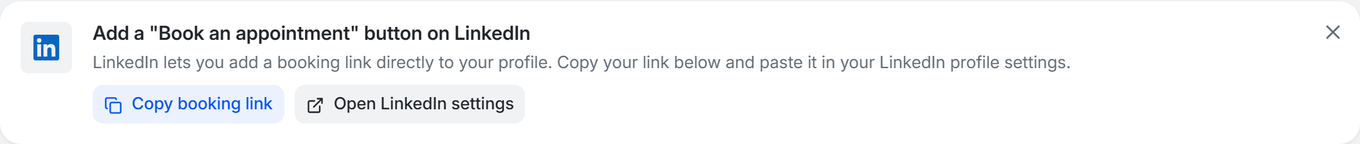 LinkedIn task card showing Copy booking link and Open LinkedIn settings buttons