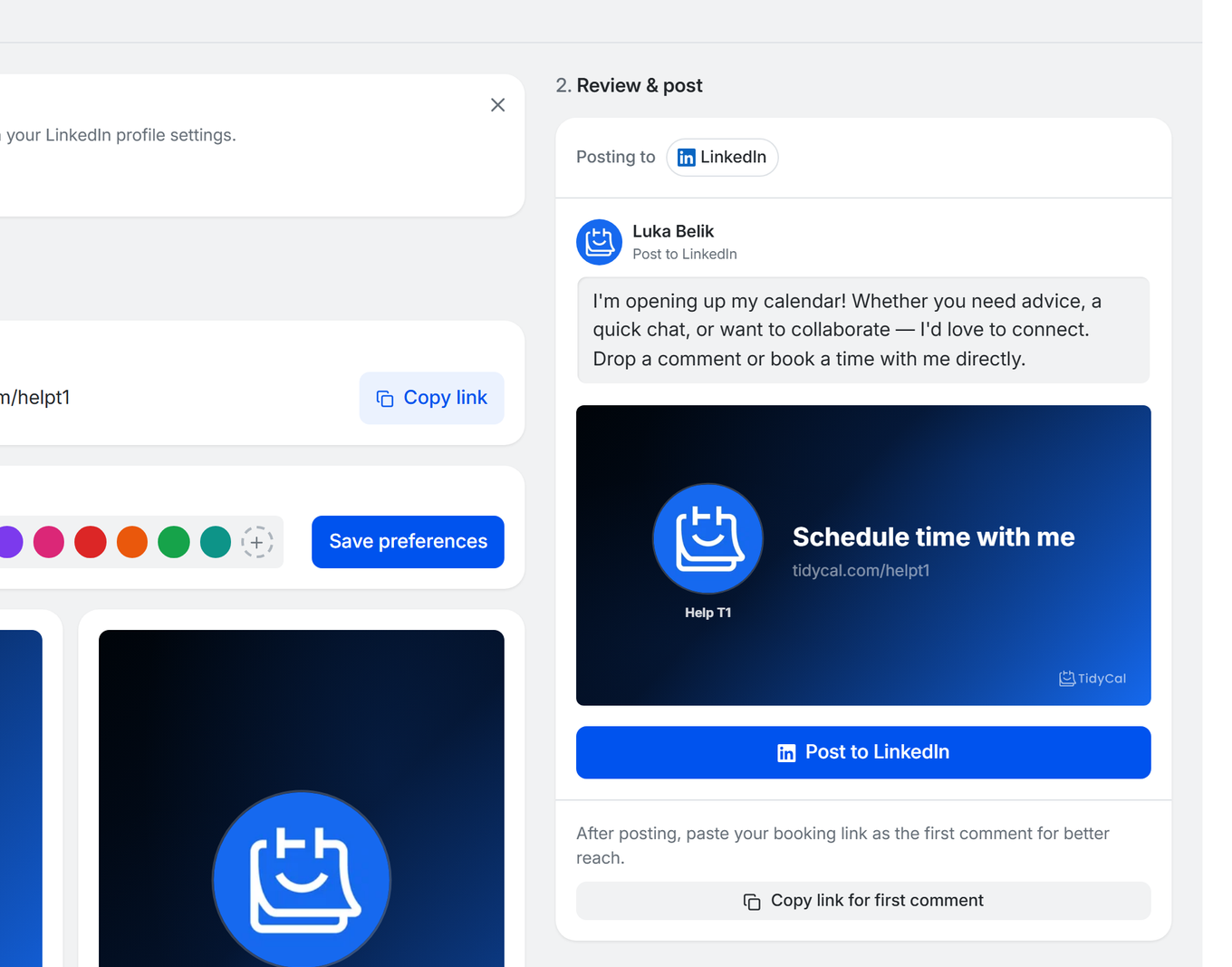 LinkedIn posting section showing caption editor, branded image preview, and Post to LinkedIn button