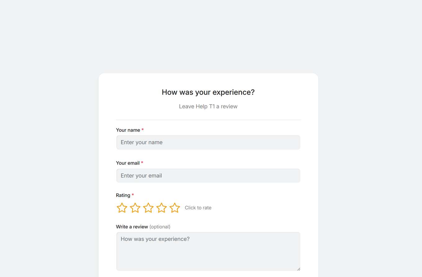 TidyCal review form showing How was your experience heading with name email star rating and Write a review fields