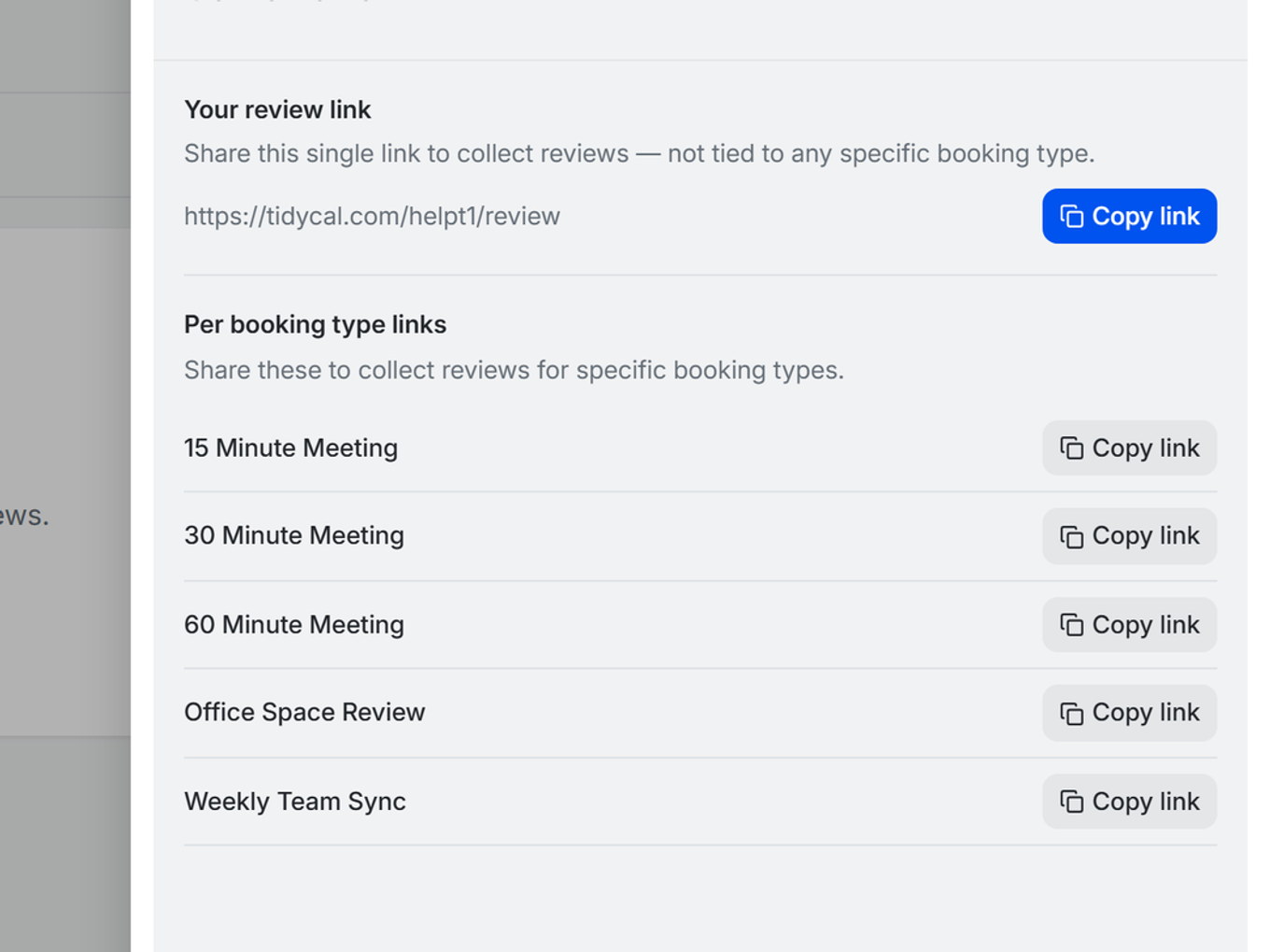TidyCal Get reviews drawer showing user-level review link and per booking type review links with Copy link buttons