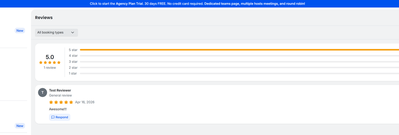 TidyCal Reviews dashboard showing 5-star review with rating distribution chart and Respond button