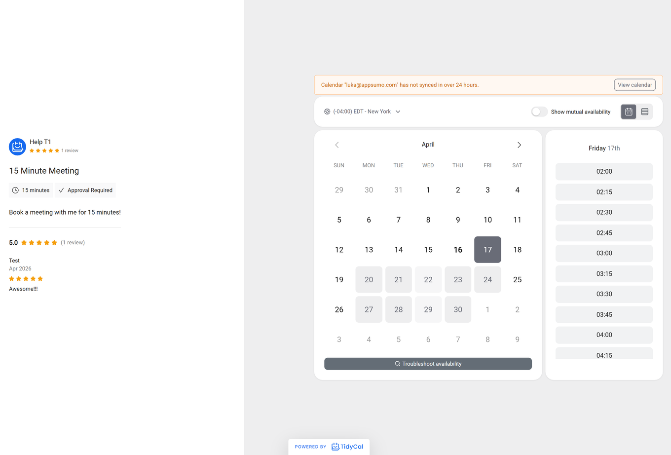TidyCal booking page showing the Troubleshoot availability button below the calendar with a stale sync warning