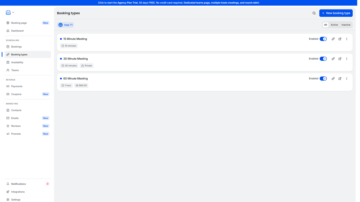 TidyCal Booking Types list showing sidebar sections (Scheduling, Revenue, Marketing), three booking types with duration, price, and Private badges, and the New booking type button