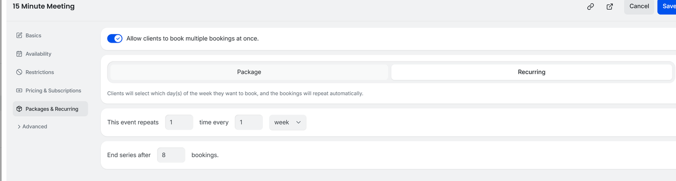 TidyCal booking type editor Packages and Recurring tab with multiple bookings enabled, Recurring mode selected, configured to repeat weekly with 8 bookings end series