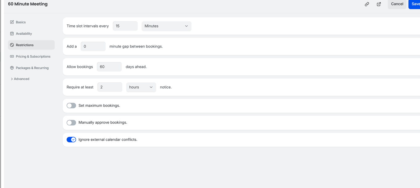 TidyCal booking type editor Restrictions tab with current left navigation (Basics, Availability, Restrictions, Pricing and Subscriptions, Packages and Recurring, Advanced) showing Ignore external calendar conflicts toggle enabled