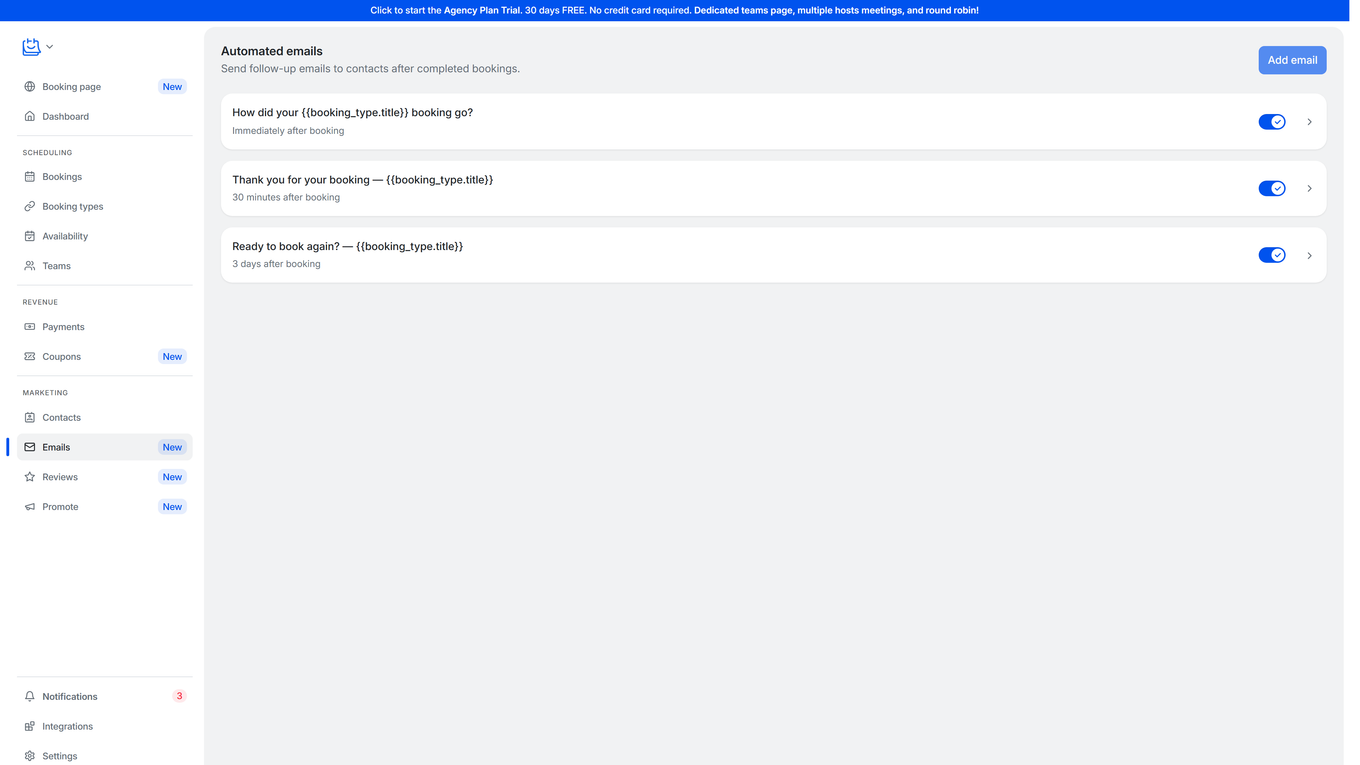 TidyCal Automated emails page at dashboard emails with the 2026 sidebar Scheduling Revenue Marketing sections visible and three default email templates each with an enabled toggle