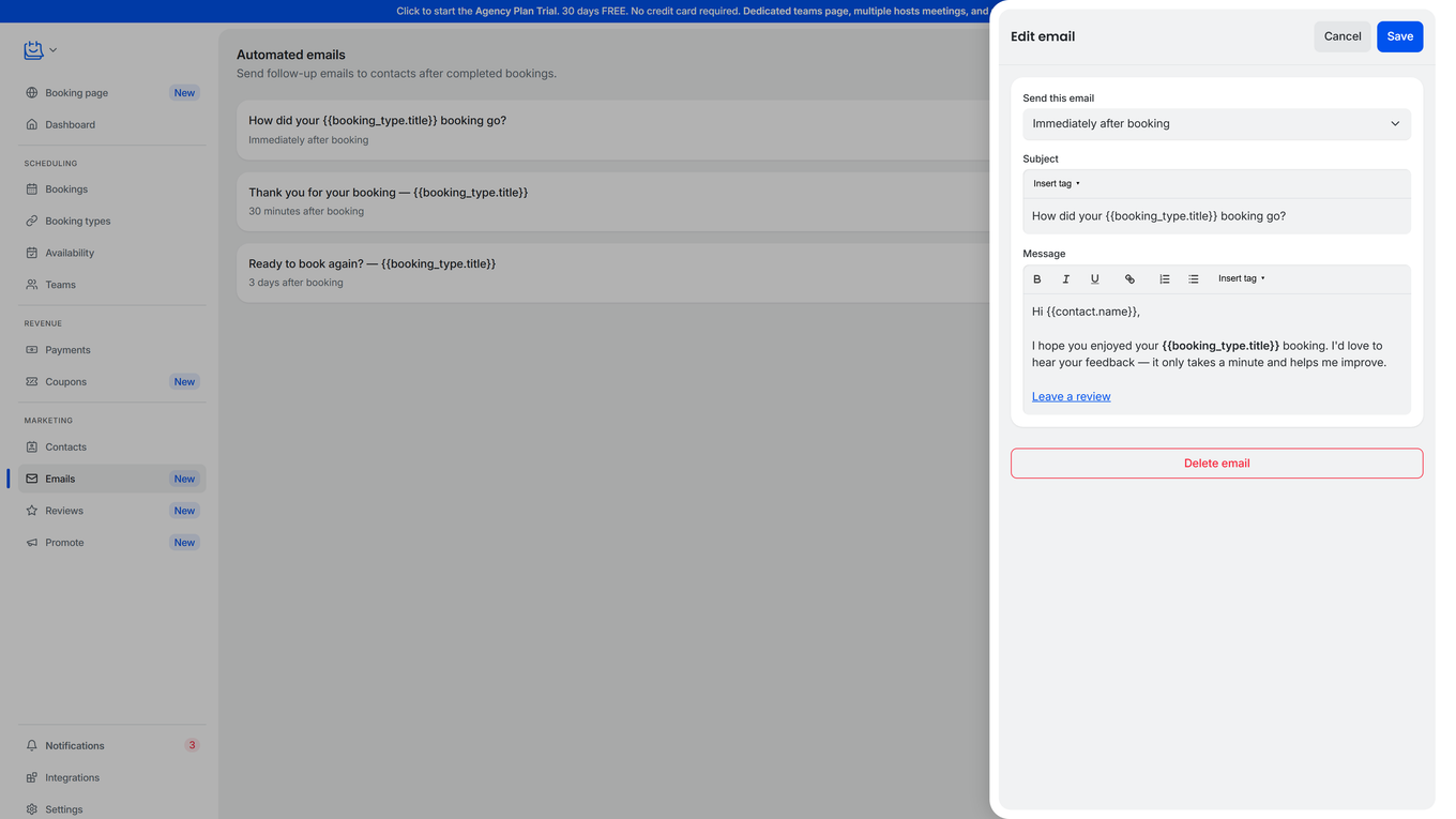 TidyCal Edit email drawer showing Send this email timing dropdown Subject field with Insert tag option Message editor body with template variables and Delete email button