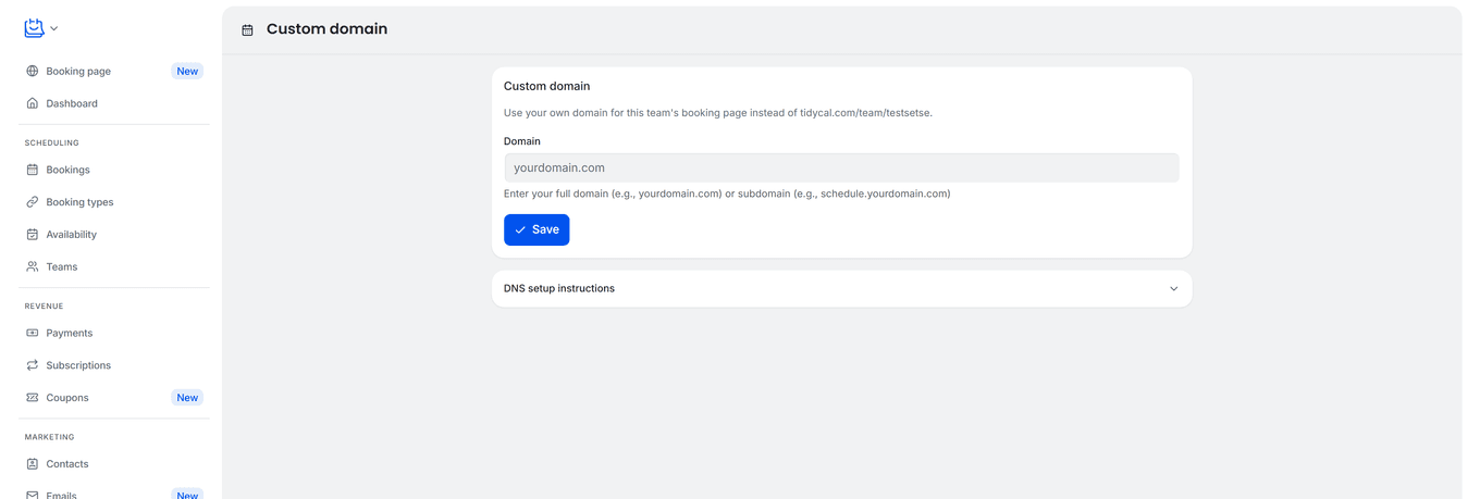 TidyCal team Custom domain page showing Domain field placeholder, Save button, and DNS setup instructions section for the team's booking page