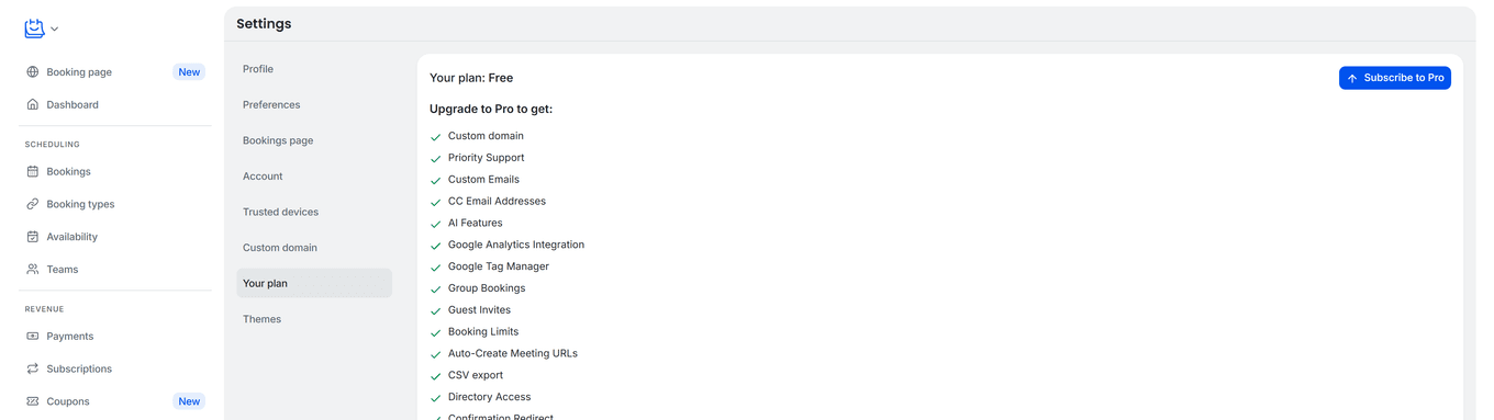 TidyCal Settings Your plan page on Free account showing Subscribe to Pro button and Upgrade to Pro feature list