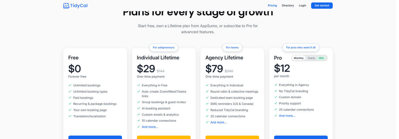 TidyCal pricing page showing all 4 plan cards: Free, Individual Lifetime $29, Agency Lifetime $79, and Pro $12/month with Monthly/Yearly toggle