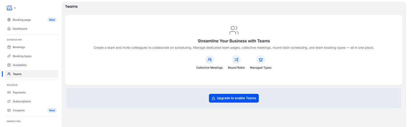 TidyCal Teams page on Free account showing the empty Teams state and the upgrade banner at the bottom (where Start Free Trial appears for trial-eligible users)