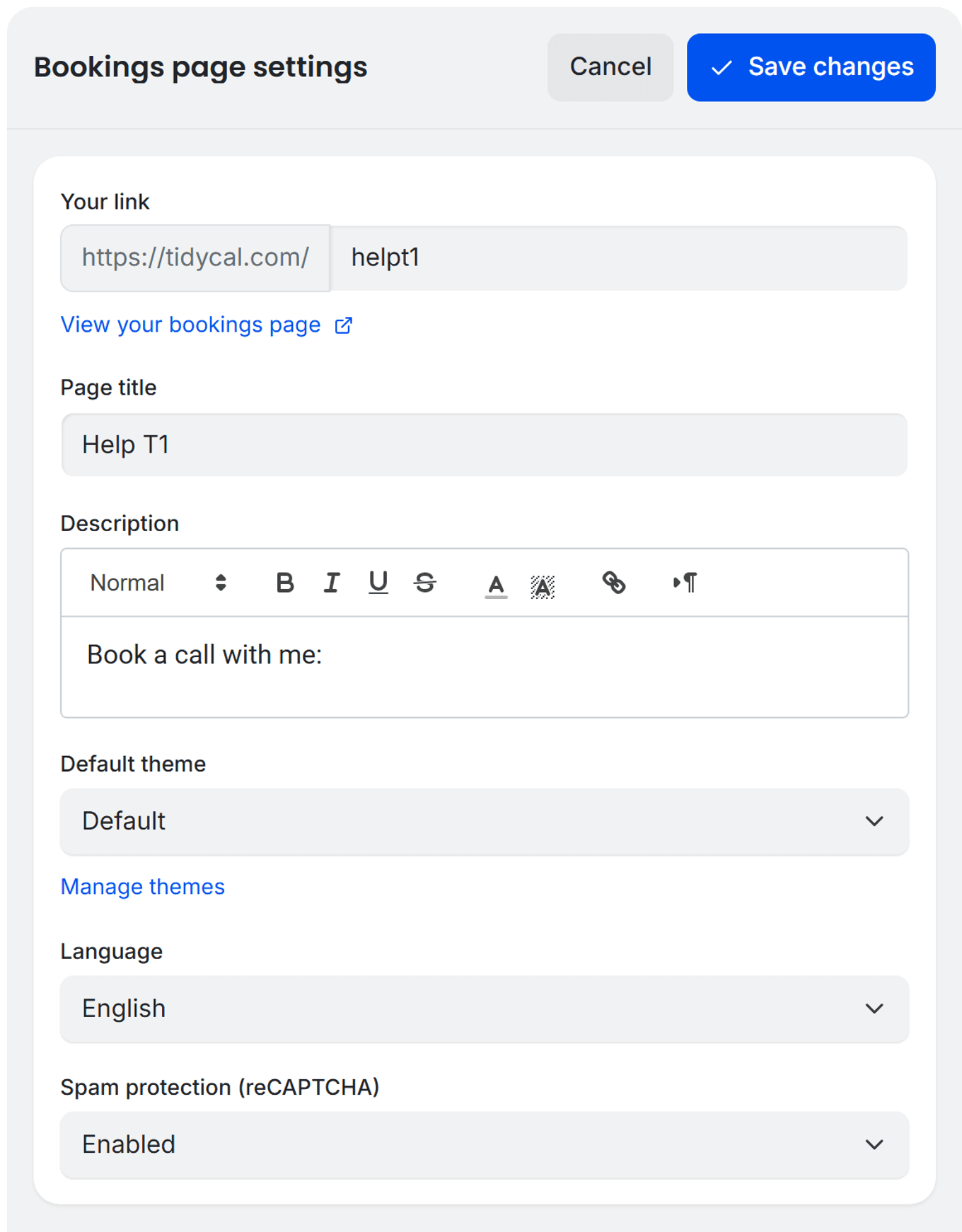 TidyCal Bookings page settings drawer showing Your link, Page title, Description, Default theme, Language, and Spam protection (reCAPTCHA) controls