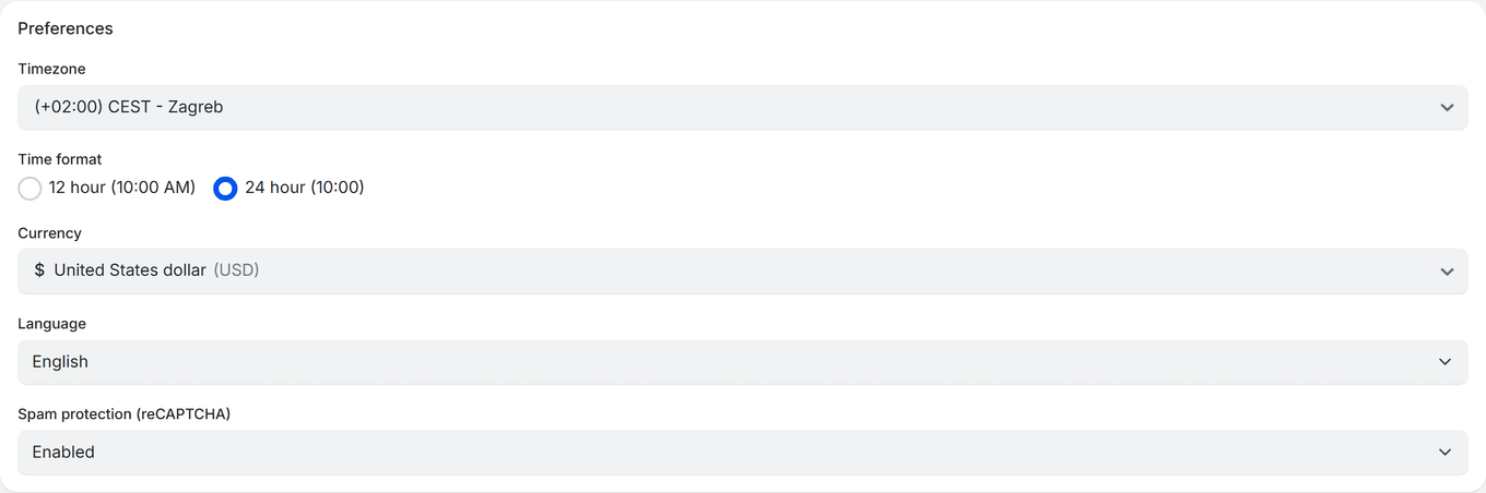 TidyCal Settings Preferences page with Spam protection (reCAPTCHA) set to Enabled