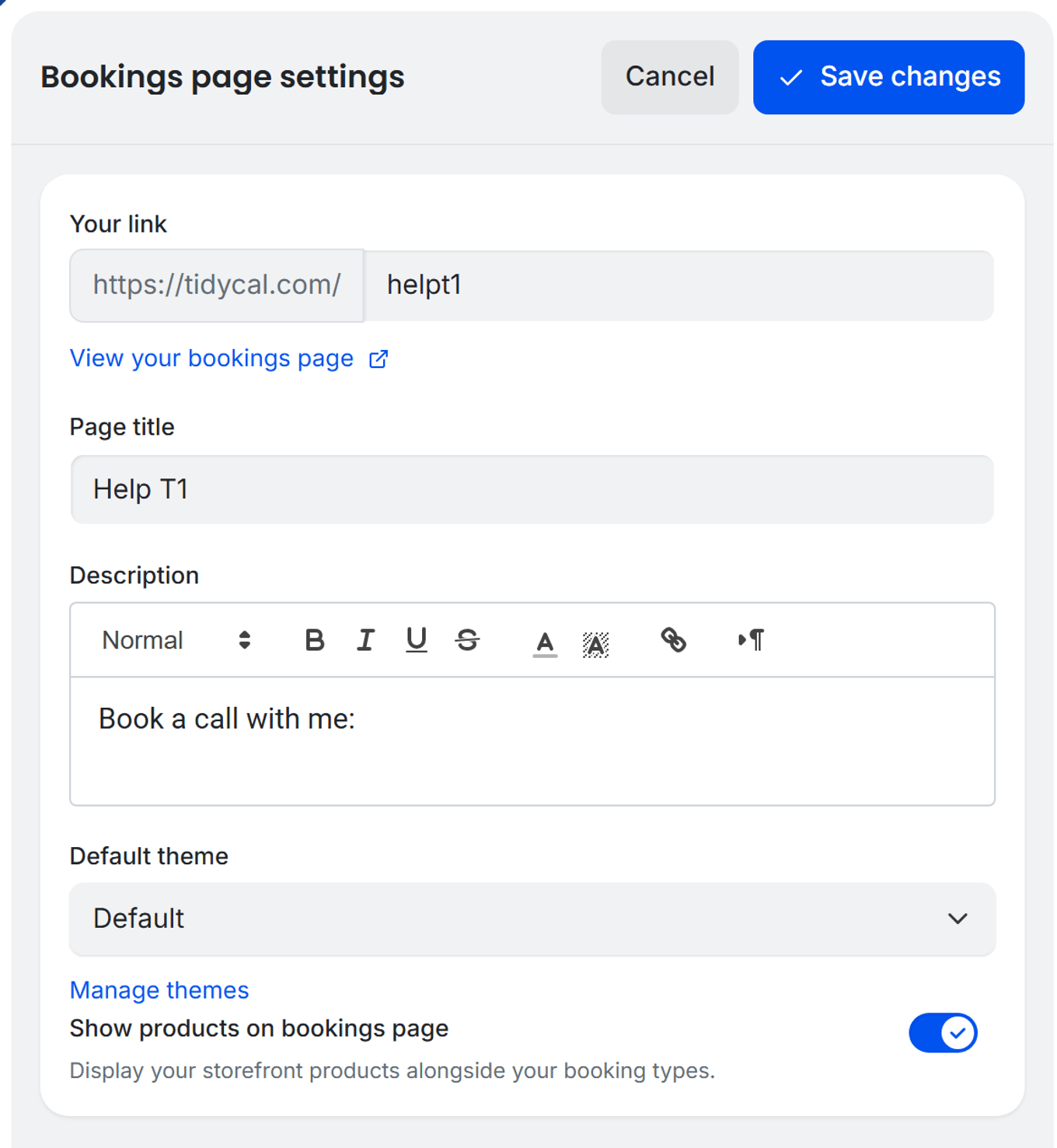 TidyCal Bookings page settings drawer: Your link, Page title, Description, Default theme, and Show products toggle