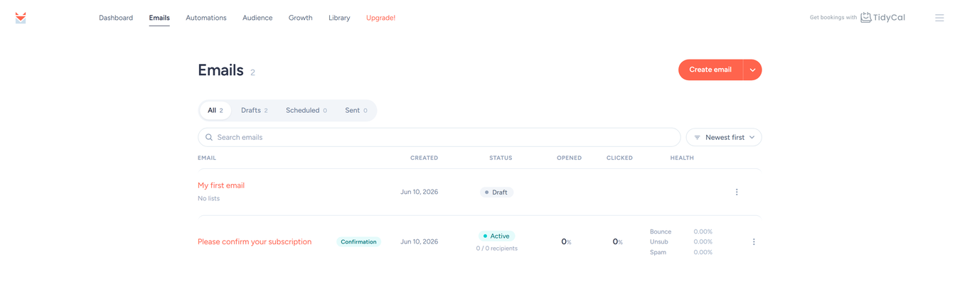 SendFox Emails page with the Create email button and emails listed with status and health columns
