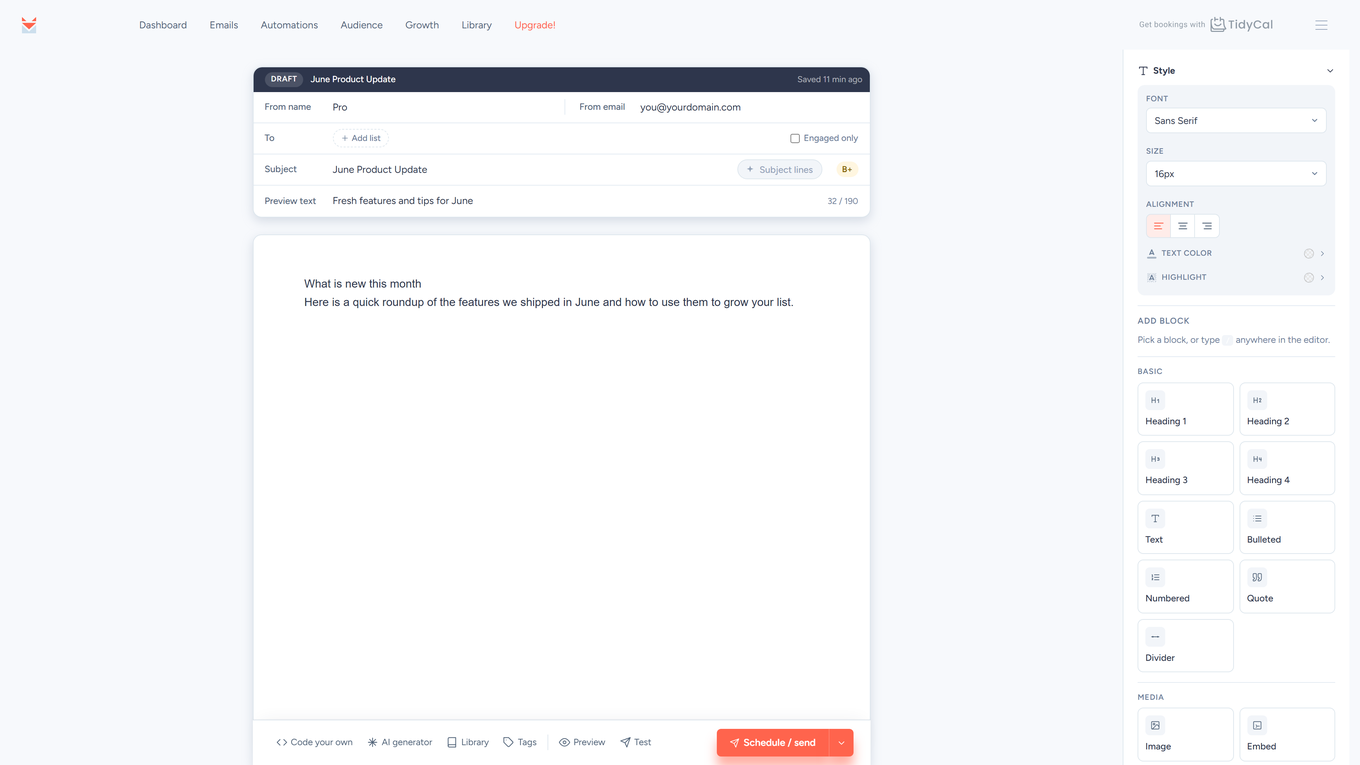 SendFox email editor with From, To, Subject and Preview text fields, content canvas, and Style sidebar