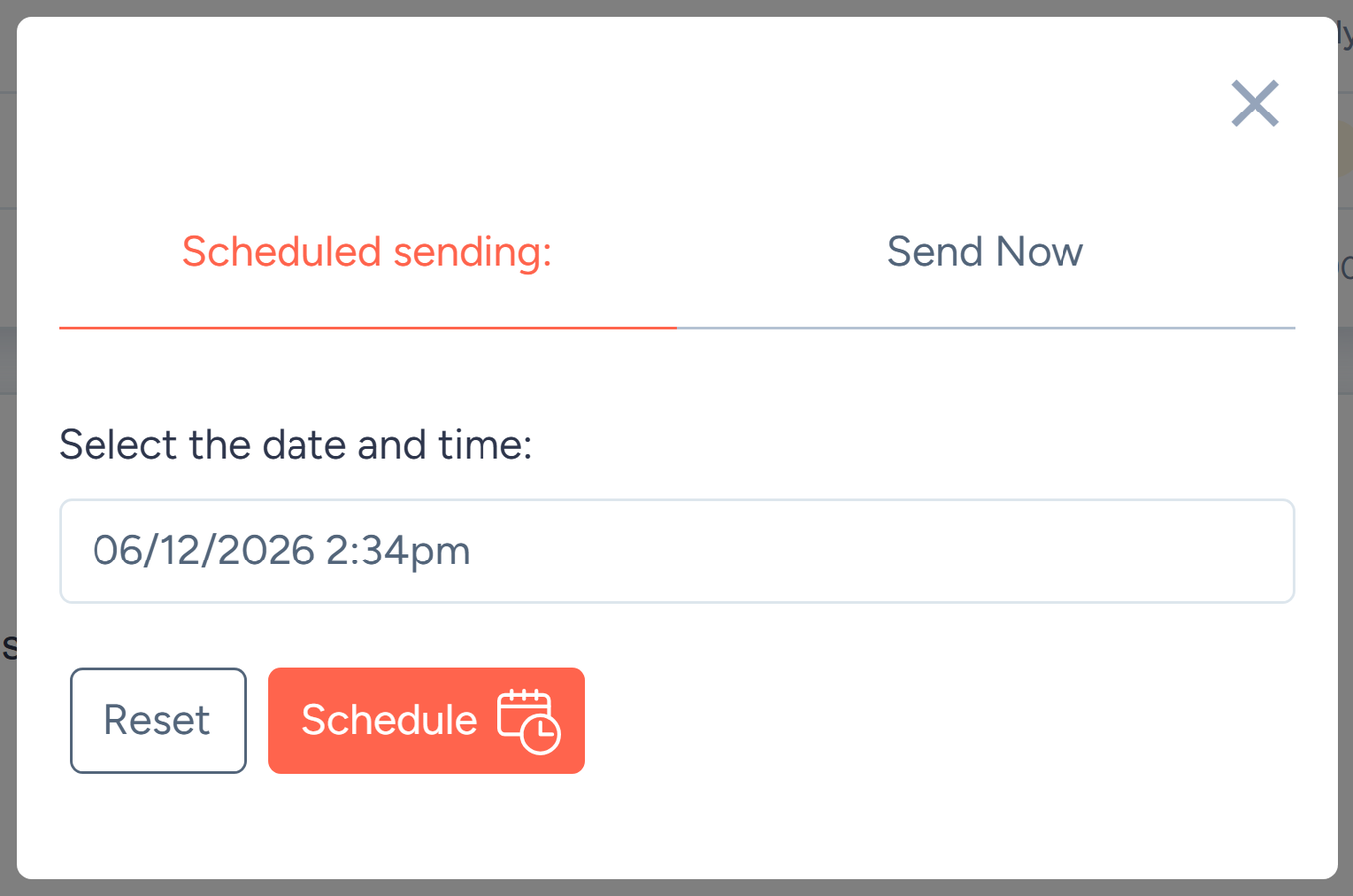 Sending options window with Scheduled sending and Send Now tabs and a date and time field