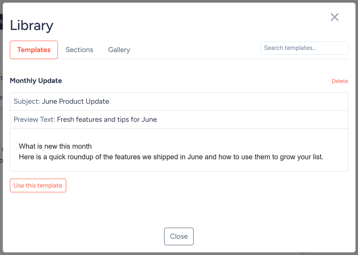 Library panel in the email editor showing a saved template with the Use this template button