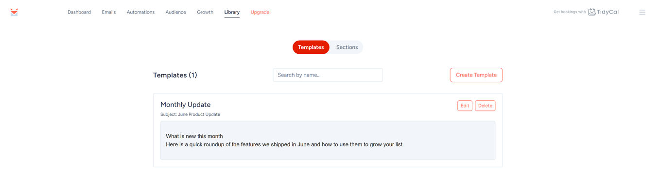 Library Templates page with the Create Template button and a saved template with Edit and Delete