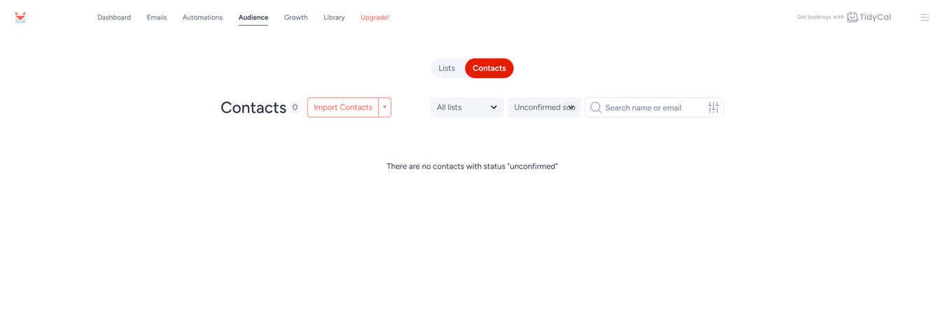 SendFox Contacts page filtered to Unconfirmed subscribers